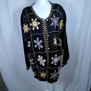 DESIGNS  By Lane Bryant 18/20 Black Cardigan Button Up Gold Snowflake White Snow